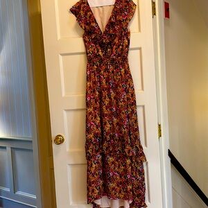Lavender Brown Floral Flutter Sleeve Ruffled Maxi‎ Dress
